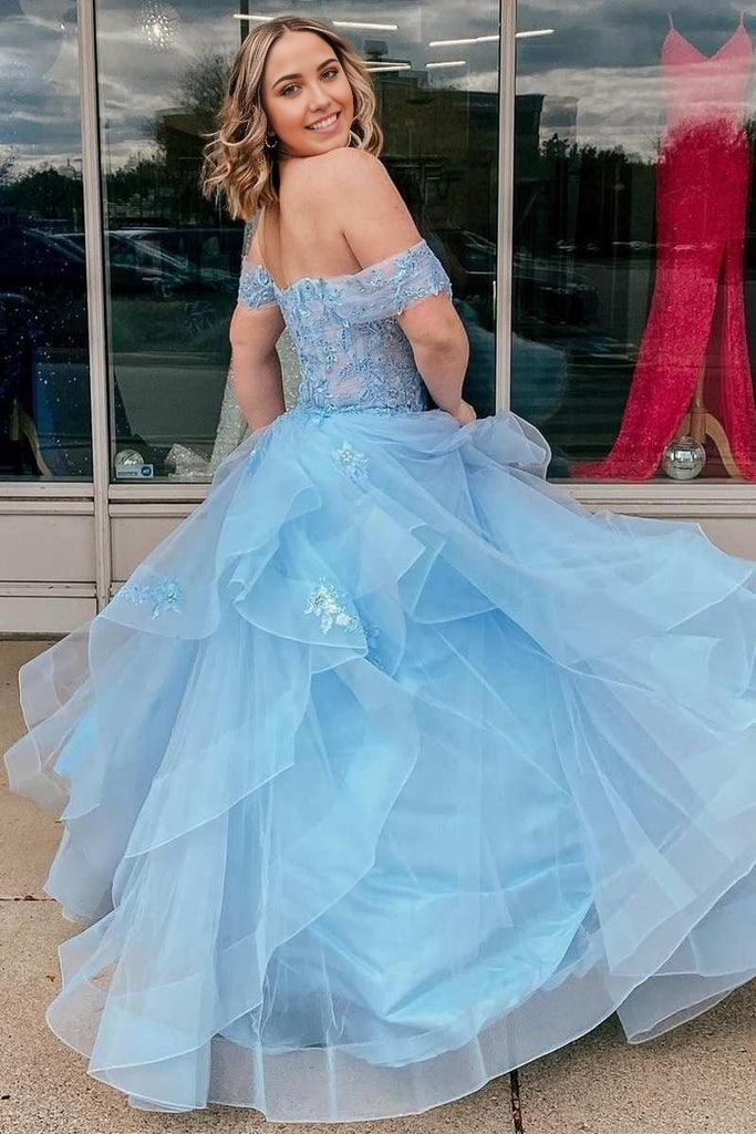 Wholesa A-Line Tulle Off-the-Shoulder Tiered Light Blue Prom Evening Dress