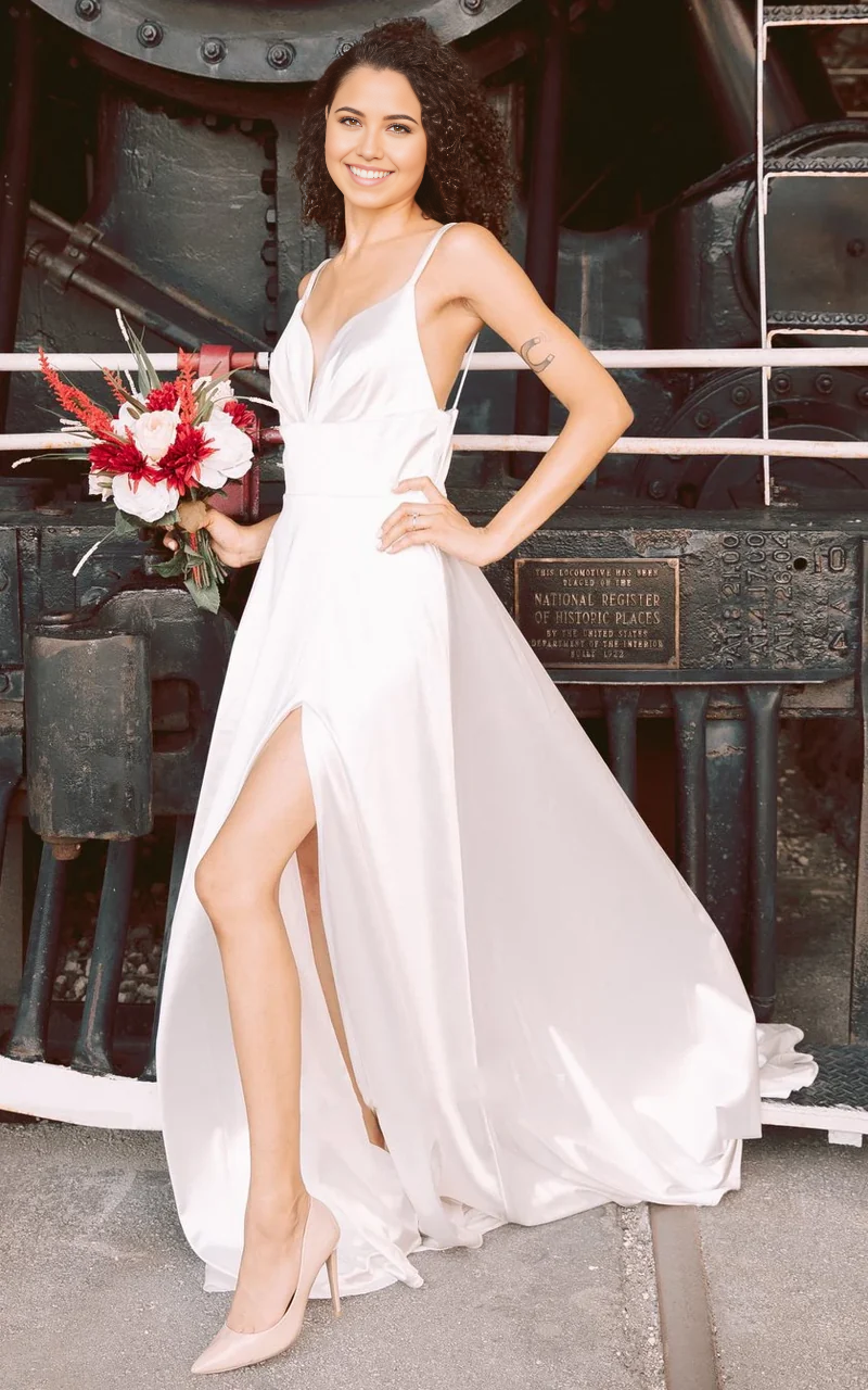 Wholesa A-Line Plunging Neckline Elegant Satin Wedding Dress With Open Back Split Front
