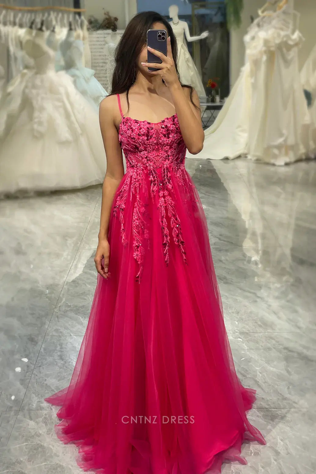 Wholesa A Line Spaghetti Appliques Straps Tulle Long Fuchsia formal dresses Bridesmaid Dresses evening gown Prom Dress