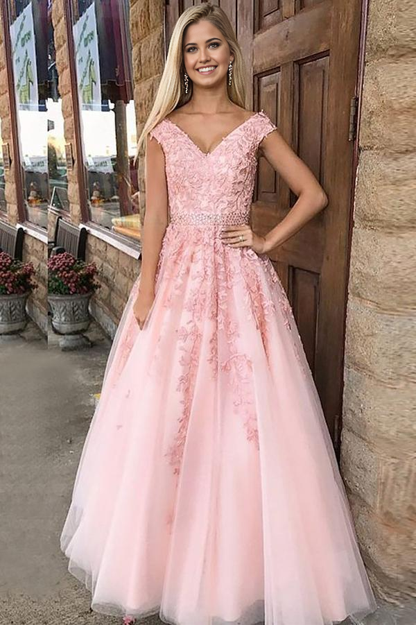 Wholesa A-line Tulle Princess V-Neck Floor-Length Long Prom Dresses with Appliques