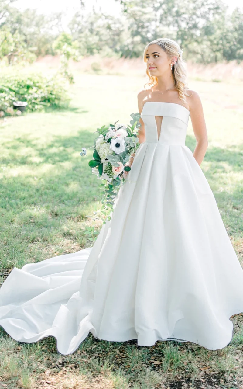 Wholesa A-Line Strapless Beach Elegant Satin Wedding Dress With Button Back And Chapel Train