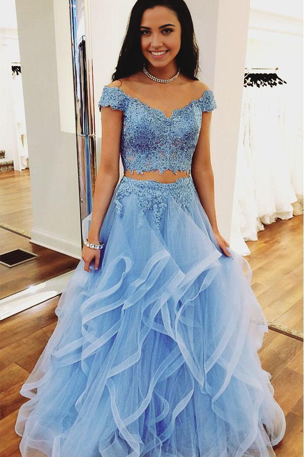 Wholesa Two Pieces Off Shoulder Short Sleeve Lace Light Blue Prom Dress