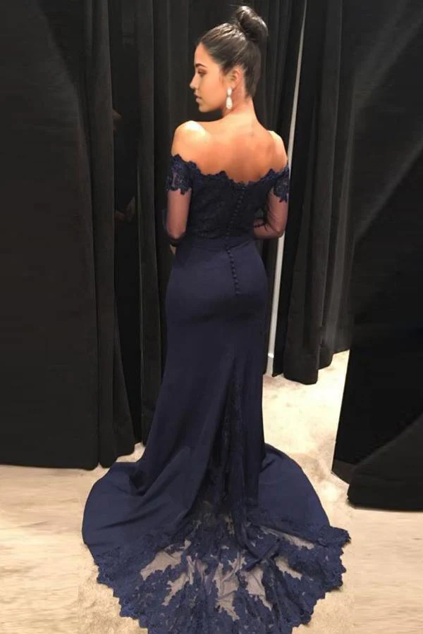 Wholesa Mermaid Off The Shoulder Navy Blue Long Prom Dresses with Long Sleeves