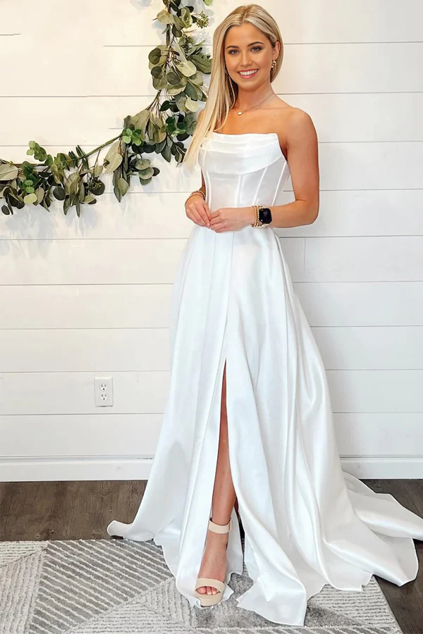 Wholesa A-line simple off-the-shoulder white wedding dress With Slit