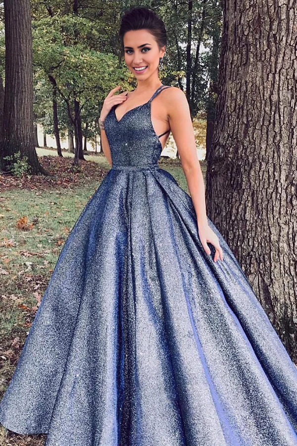 Wholesa Sparkly V-neck Ball Gown Prom Dresses