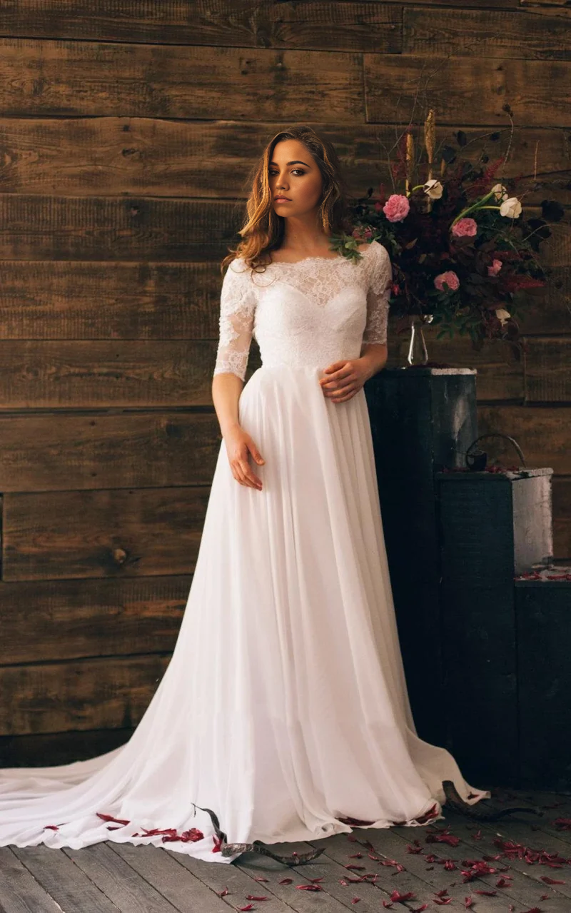 Wholesa A-line Chiffon 3/4 Sleeve Long Dress With Lace Bodice