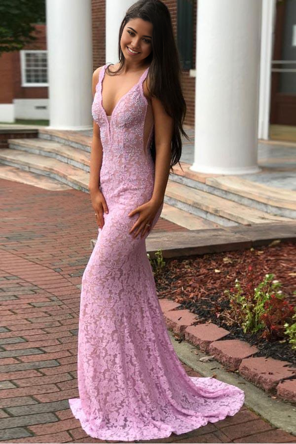 Wholesa Mermaid Deep V-Neck Floor Length Lace evening gown formal dresses Prom Dresses with Beading