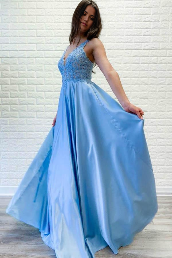 Wholesa A-Line V-neck Lace Sleeveless Blue Satin Long Prom Dress