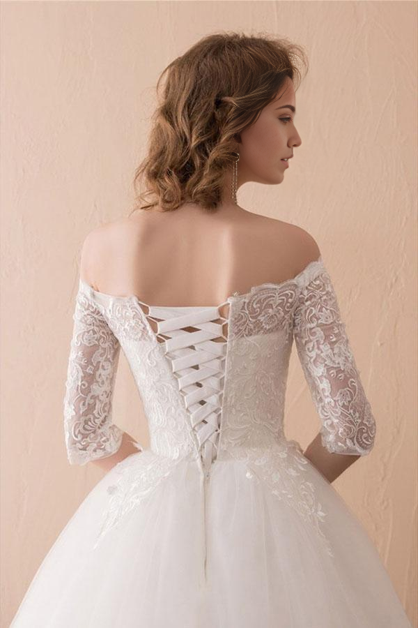 Wholesa A-line Off The Shoulder Lace Ball Gown Wedding Dress With 1/2 Sleeves