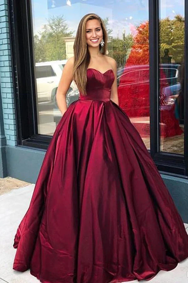 Wholesa A-line Sweetheart Satin Long Prom Dresses with Pockets