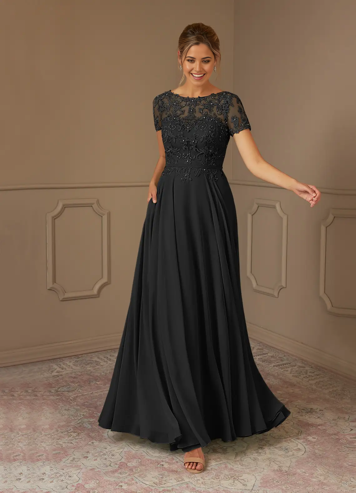 Wholesa A-Line Boatneck Sequins Chiffon Black dresses formal Mother of the Bride Dresses