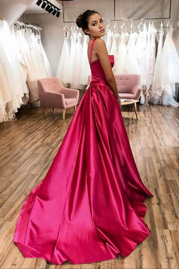 Wholesa A-line Satin Long Prom Dress Court Train Hot Pink Evening Dress