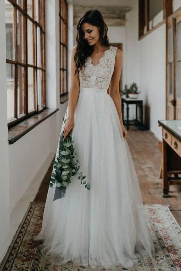 Wholesa Beach Simple V Back Top Lace Tulle Bridal Gown Wedding Dress