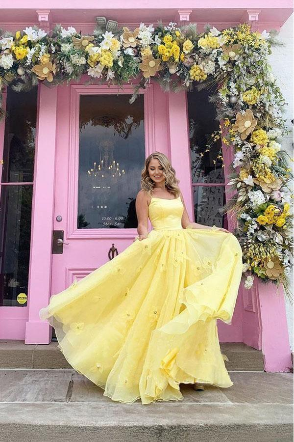 Wholesa A-line 3D Flowers Straps Tulle Bodice With Back Lace Up Yellow Long Prom Dress