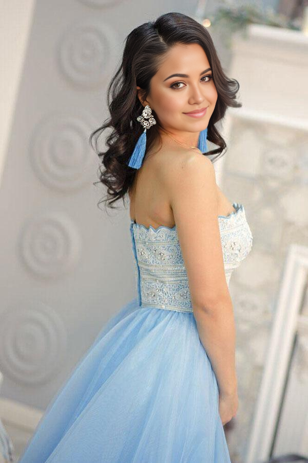 Wholesa A-Line Strapless Lace Floor-Length Light Blue Prom Dress with Beading