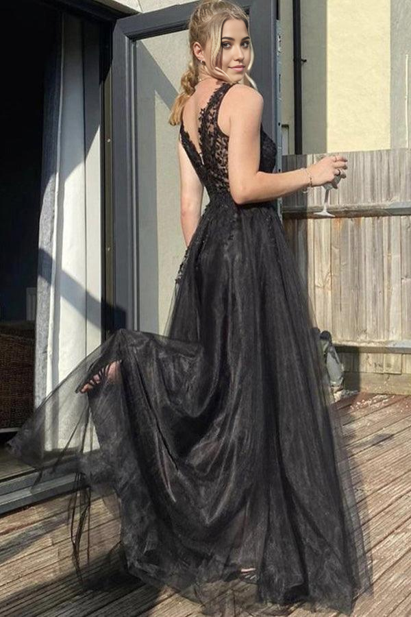 Wholesa A Line V Neck Tulle Black Prom Dress Formal Dress