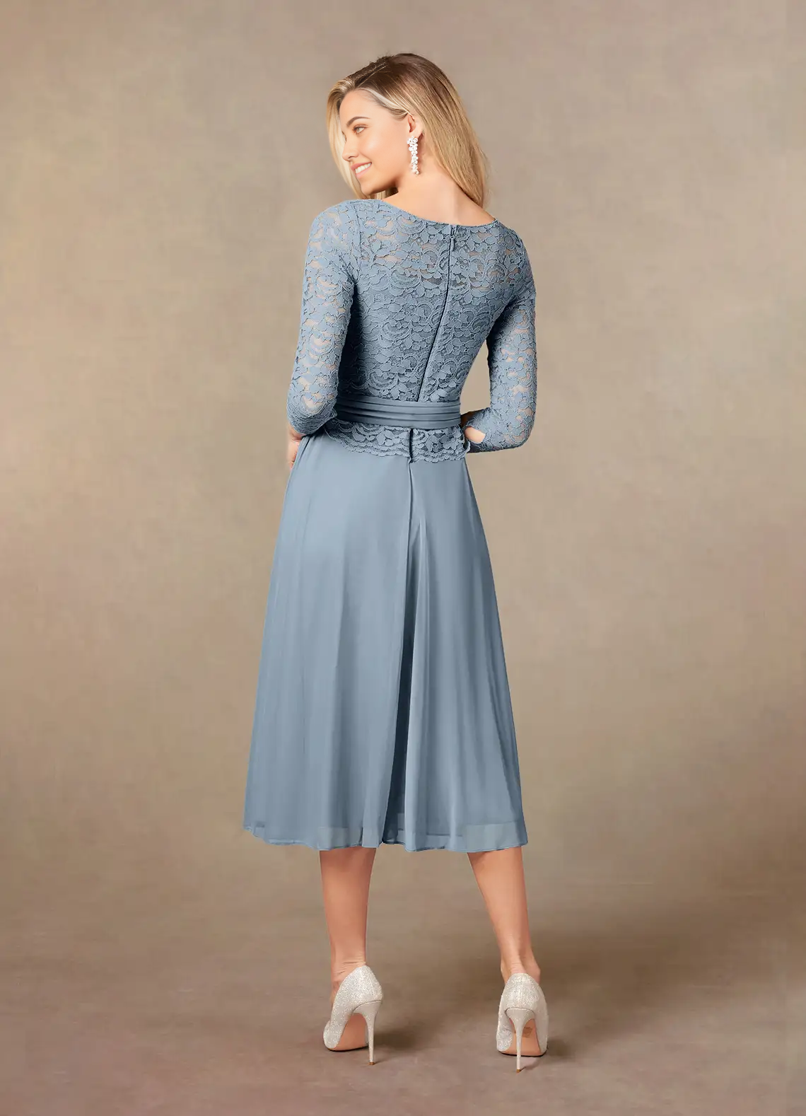 Wholesa A-Line Crew Neck Tea Length Lace Dusty Blue formal dresses evening dress Mother of the Bride Dresses
