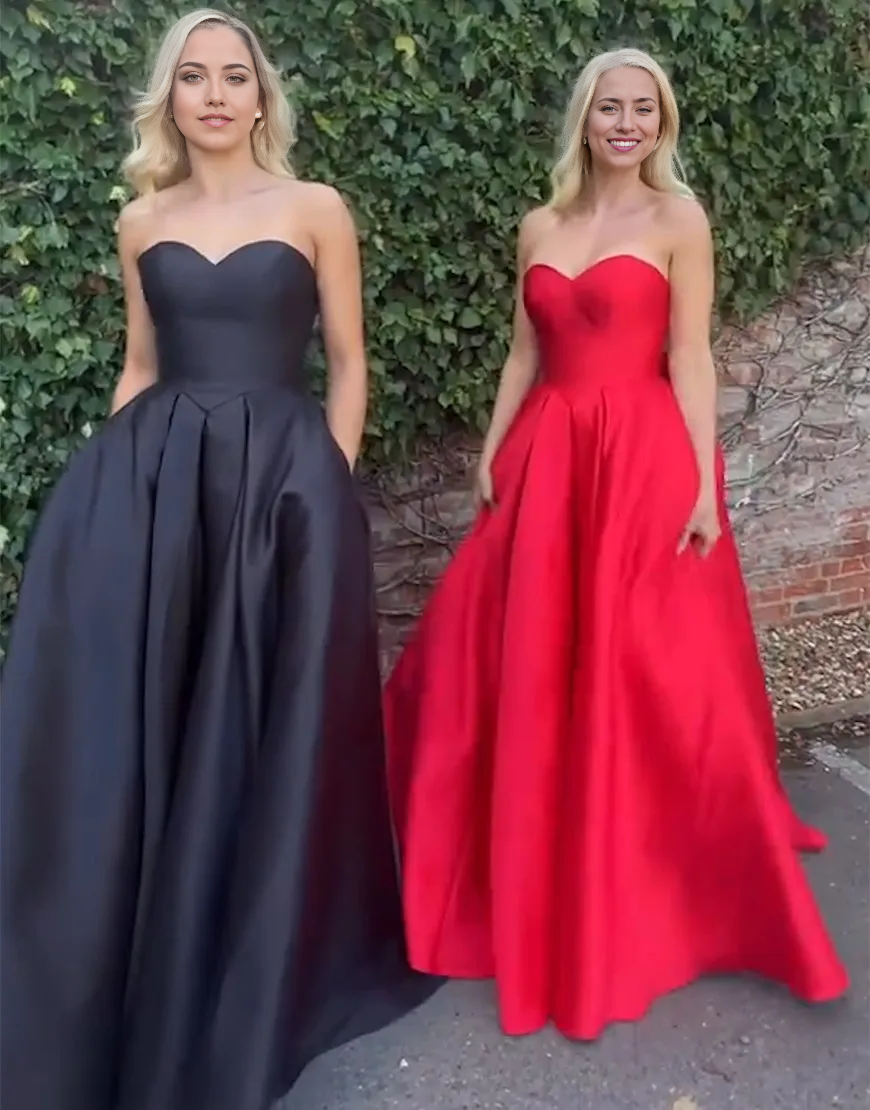 Wholesa A-Line Strapless Black Satin Long formal dresses evening dress Prom Dress with Bow