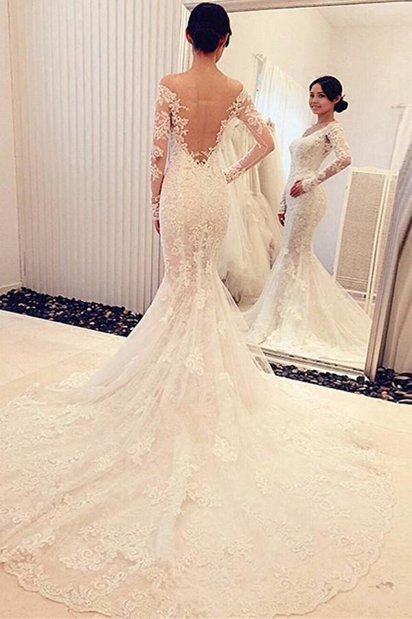 Wholesa Mermaid Charming Off The Shoulder Long Sleeves Lace Wedding Dress