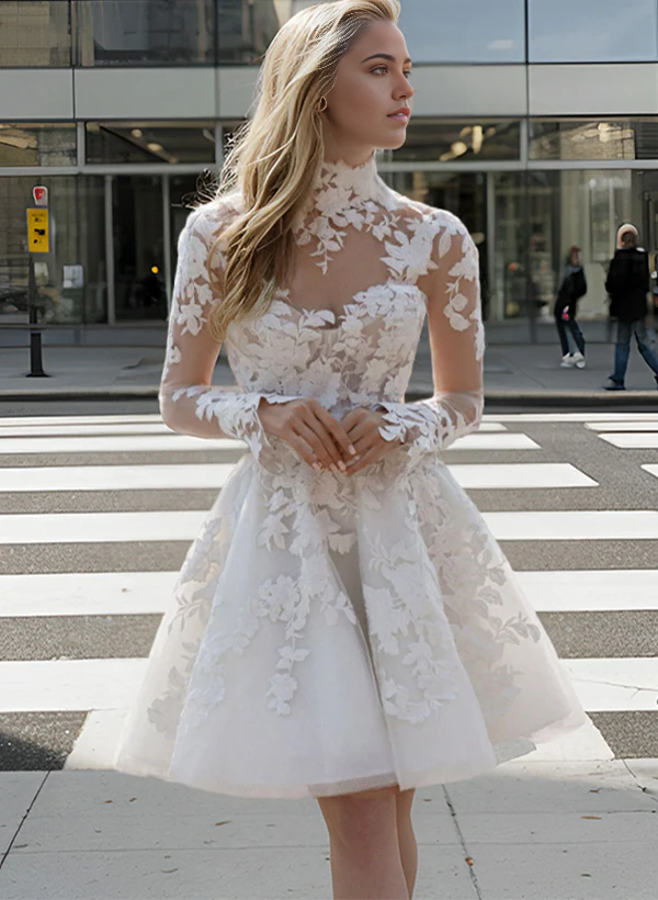 Wholesa A-Line Illusion Neck Long Sleeves Lace Wedding Dresses