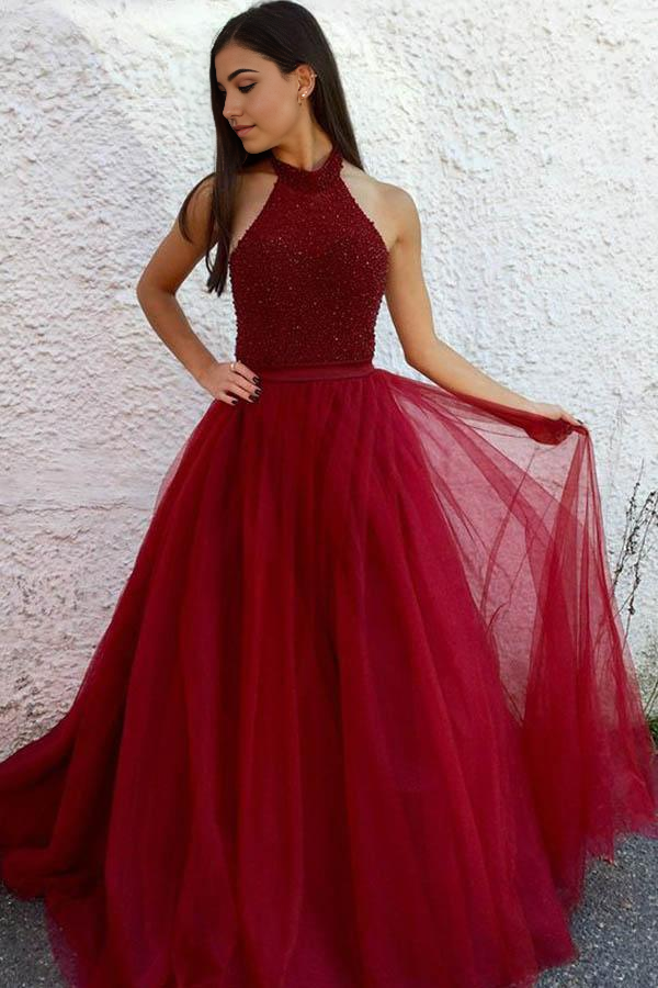 Wholesa A-Line Round Neck Floor-Length Tulle Red Prom Dress with Beading