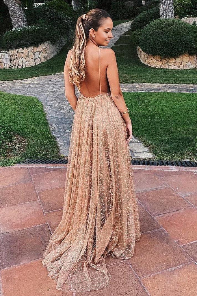 Wholesa Sparkle Backless Plunging Neckline Sequin Long Prom Evening Dress
