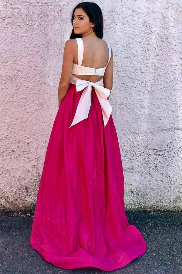Wholesa Two Piece Scoop Fuchsia Satin Prom Dress Formal Dress