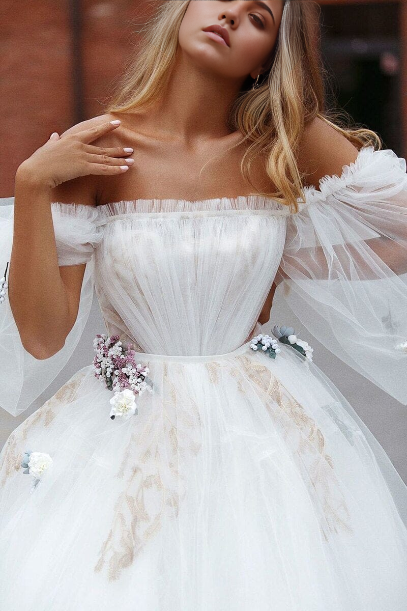 Wholesa A-Line Off the Shoulder Tulle Princess Wedding Dress