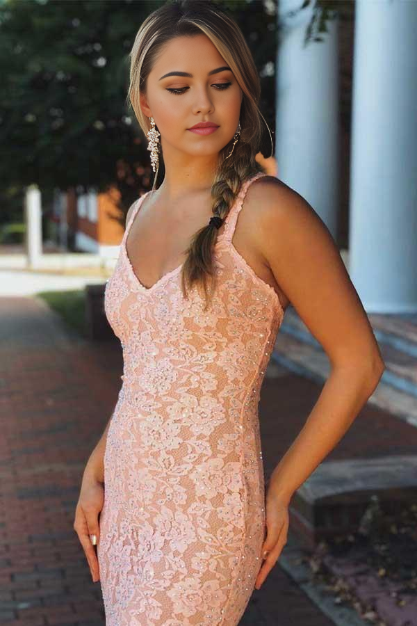 Wholesa Mermaid V-neck Beading Sleeveless Lace Backless Pink Prom Dress