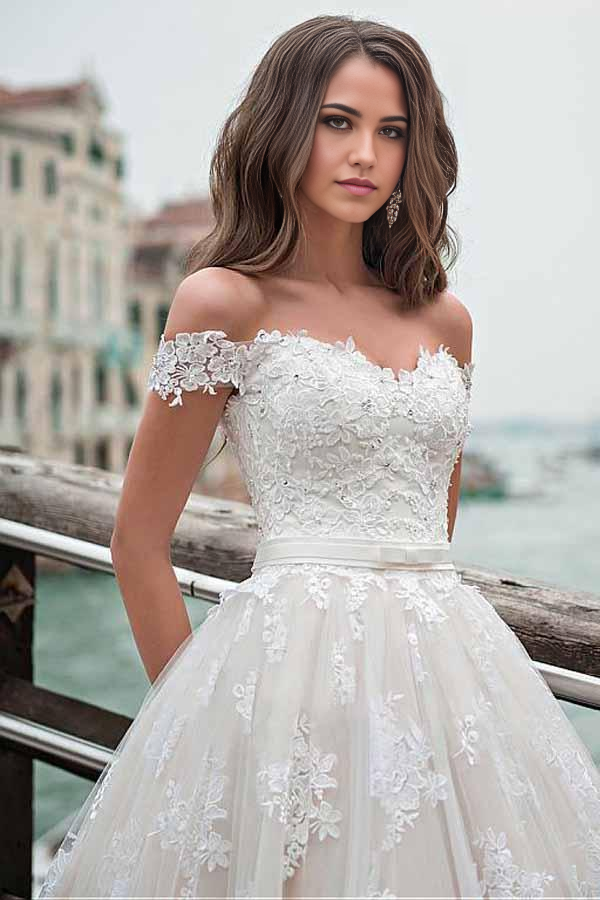 Wholesa A-line Off-the-shoulder Appliques Neckline Wedding Dress With Lace