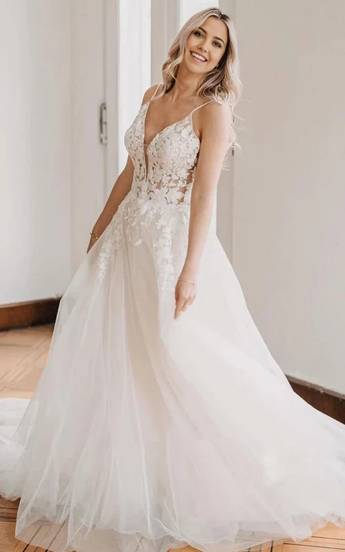 Wholesa A Line V-neck Floor-length Lace Tulle Spaghetti Sleeveless Wedding Dress