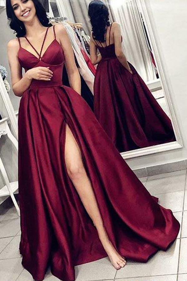 Wholesa Spaghetti V Neck Straps Burgundy Satin Split Long Prom Dress