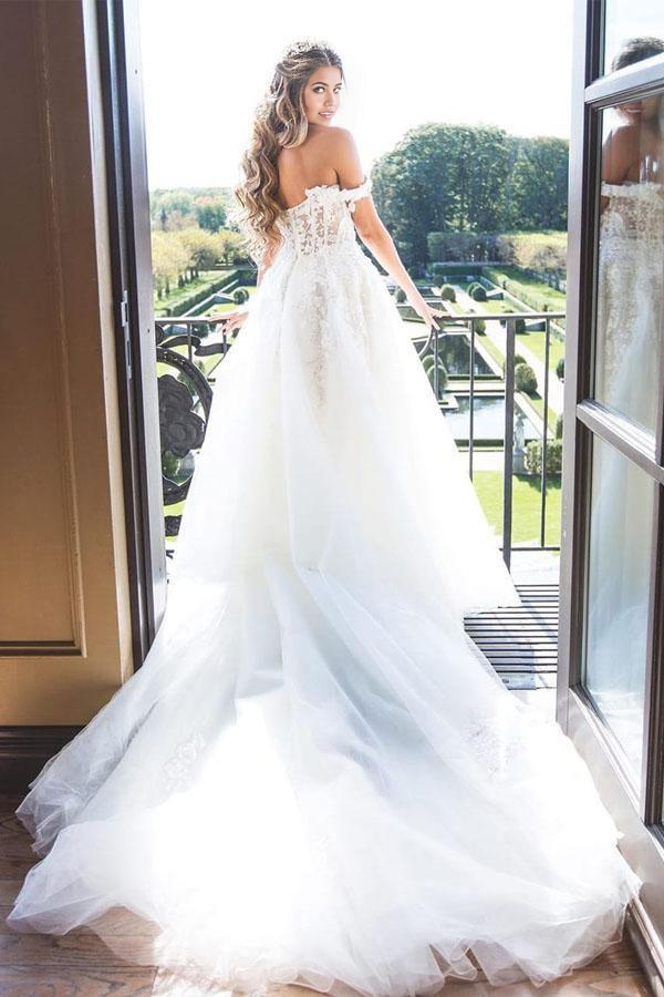 Wholesa A-line Princess Off The Shoulder Lace Appliques Tulle Wedding Dress