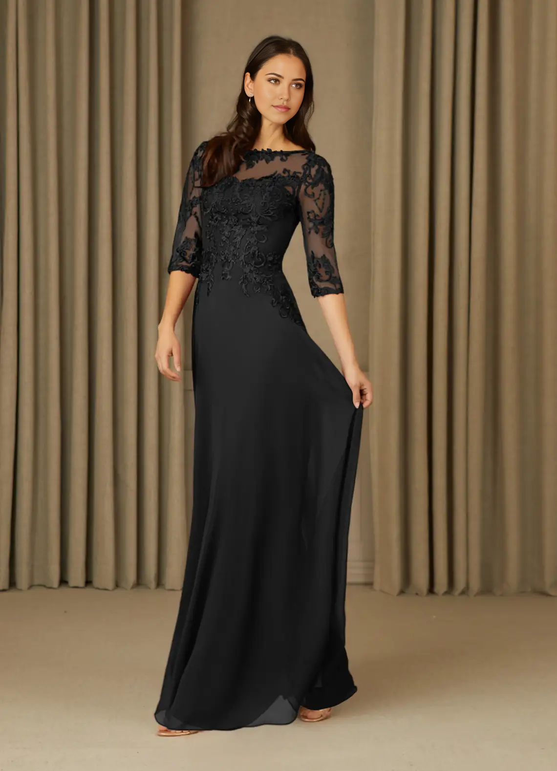 Wholesa A-Line Lace Chiffon Appliques Black formal dresses evening dress Mother of the Bride Dresses