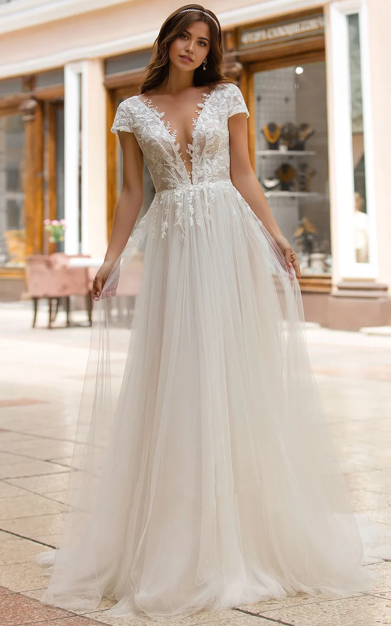 Wholesa A Line Plunging Neckline Tulle Sweep Train Wedding Dress with Appliques
