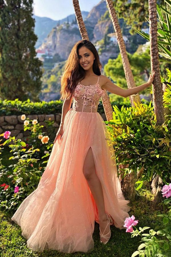 Wholesa A-line Sweetheart Neck Pink Lace Prom Dresses Split Formal Dresses