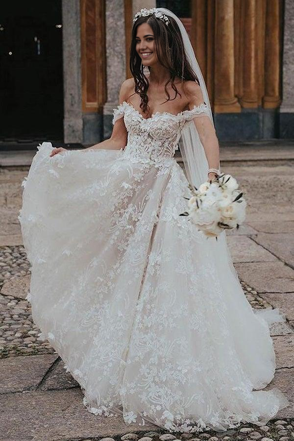 Wholesa A-line Off the Shoulder Lace Tulle Ball Gown Wedding Dresses with Appliques