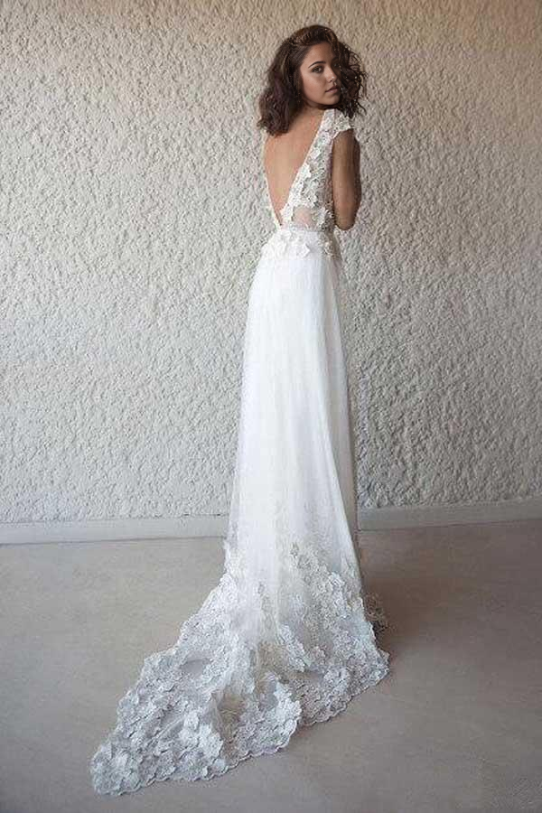 Wholesa A-line Ivory Cap Sleeve See Through Wedding Dresses Beach Bridal Dress