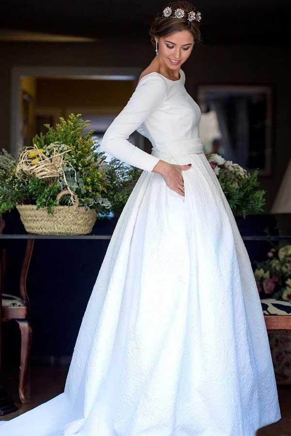 Wholesa A-Line Round Neck Backless Satin Wedding Dress with Sleeves