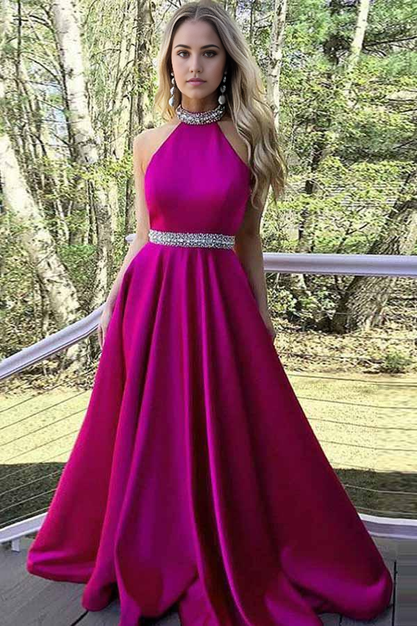 Wholesa A-Line Open Back Sleeveless Pink Satin Prom Dress with Beading