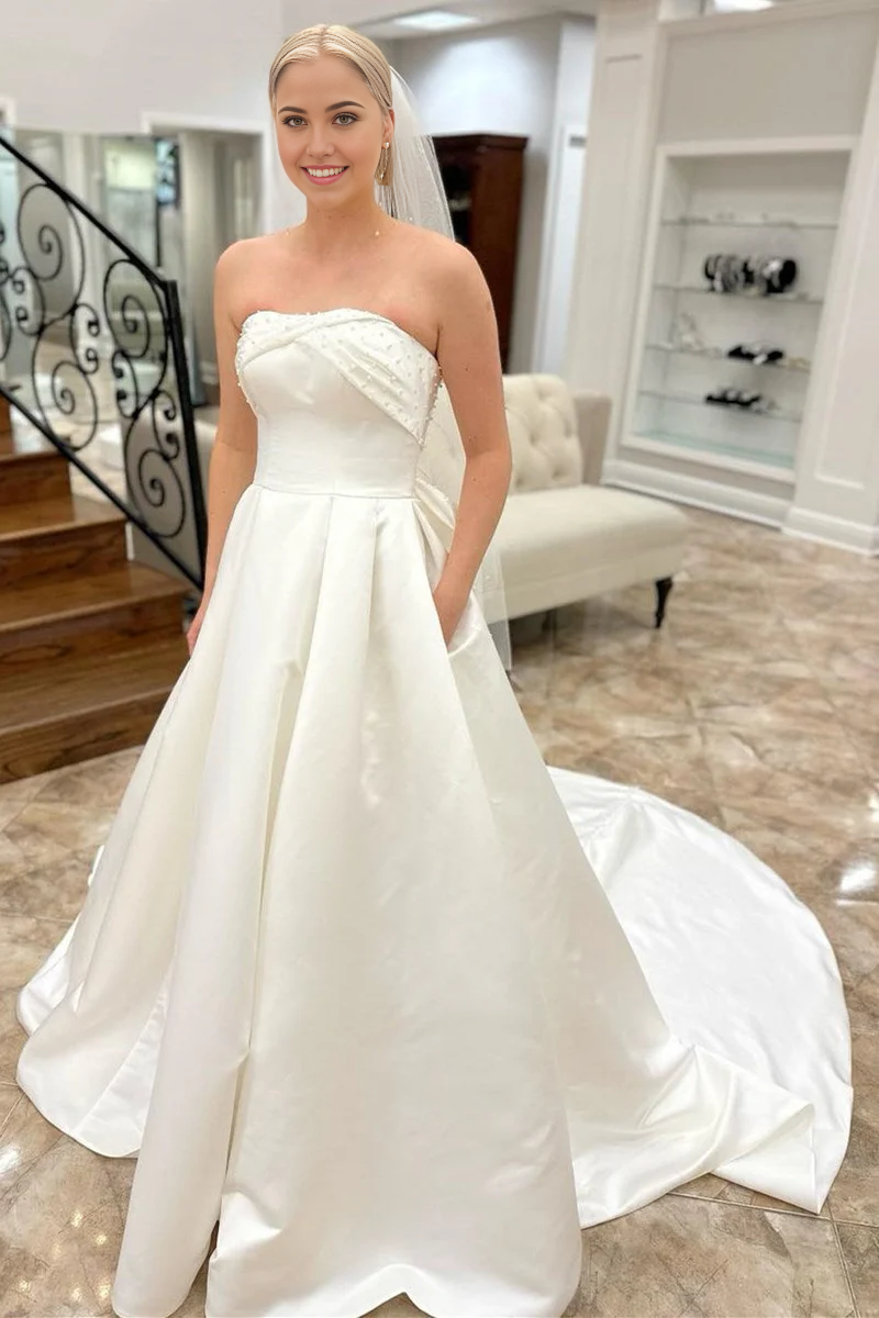 Wholesa A-Line Strapless Bow-Back Pearls Wedding Dress