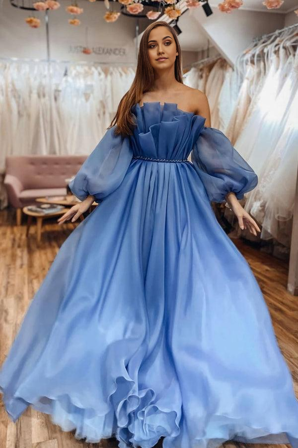 Wholesa A-line Scoop Neck Blue Off The Shoulder Long Sleeves Prom Dress