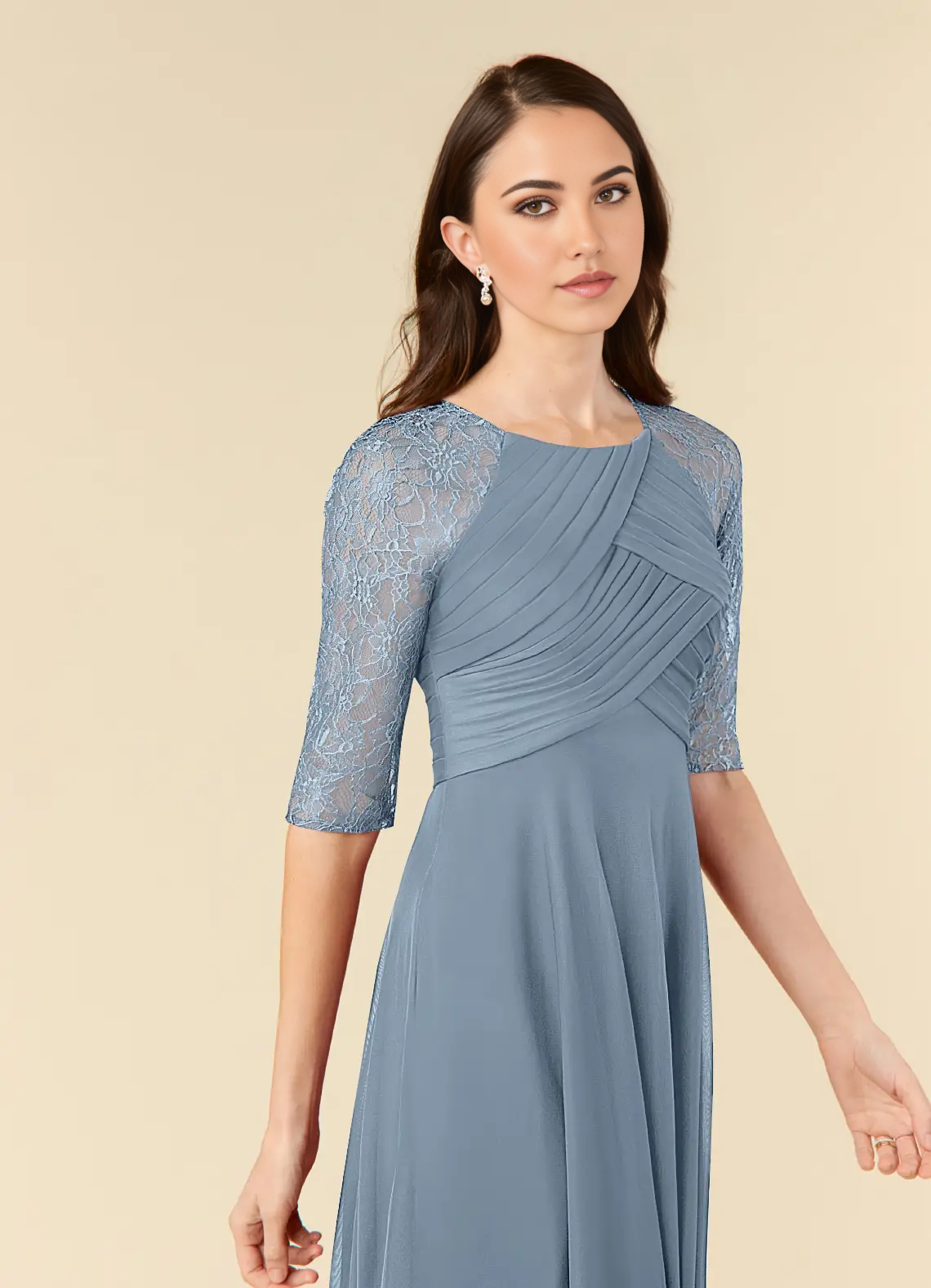 Wholesa A-Line Lace Tea Length Dusty Blue formal dresses evening dress Mother of the Bride Dresses