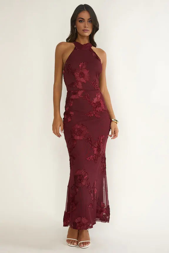 Charming Hanging Halter Neck Sleeveless Backless Burgundy Embroidered Fish Tail Elegantly Showcases Temperament Long Wedding Guest Dress Hot Sale Prom Dress