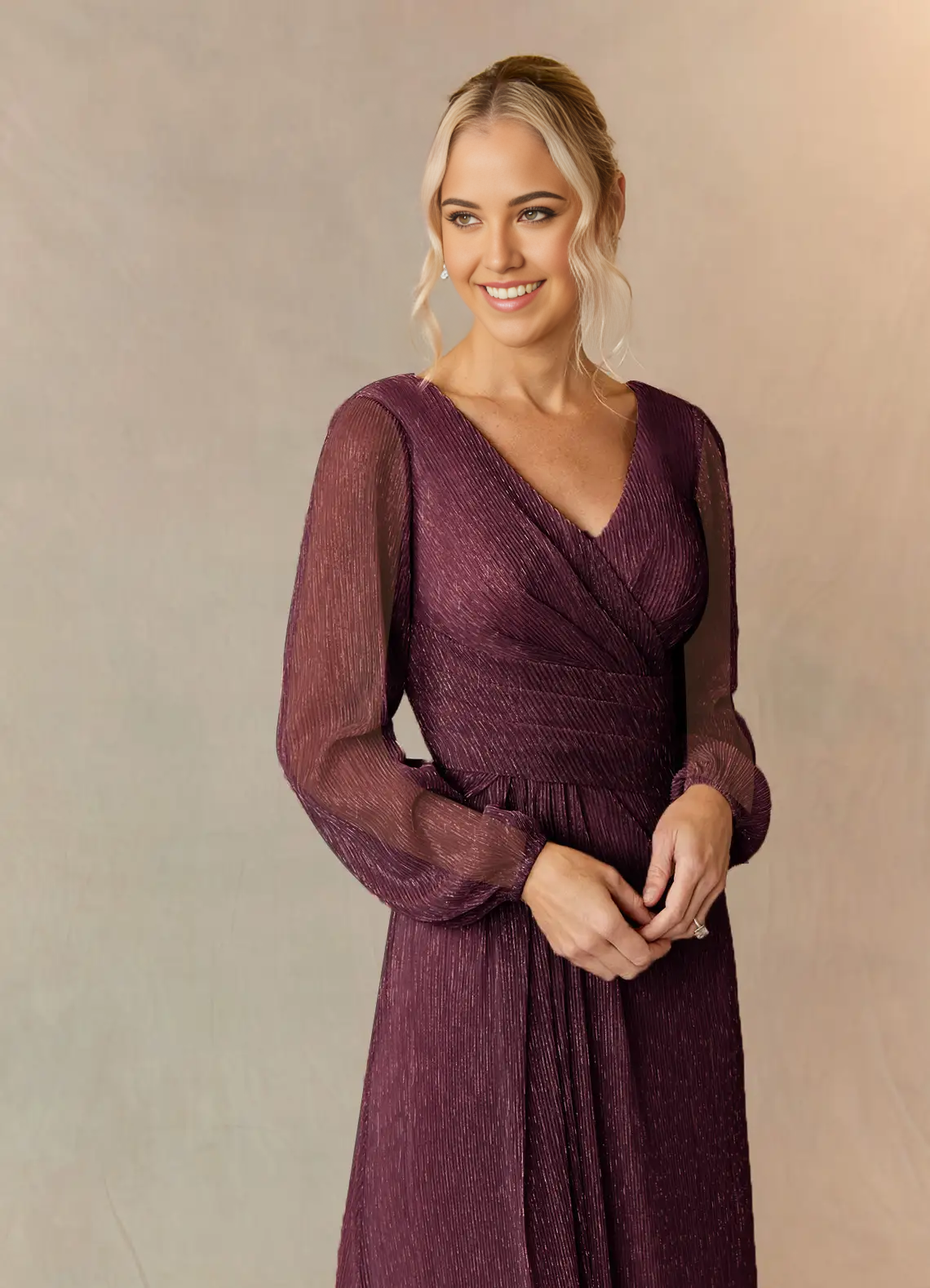 Wholesa A-Line V-Neck Long Sleeve Pleated Mulberry Mother of the Bride Dresses