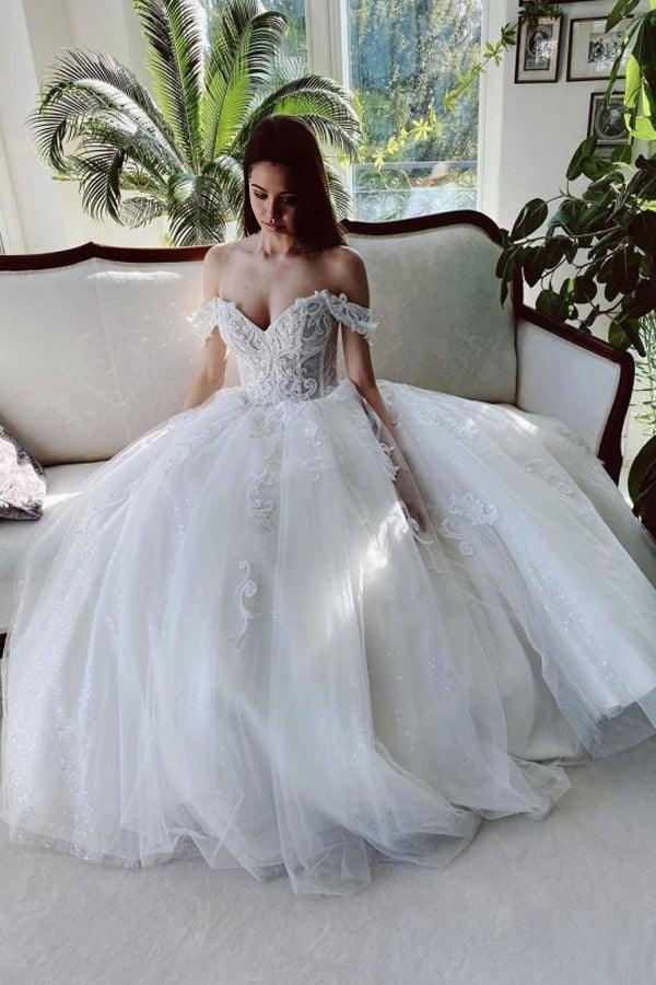 Wholesa A-line Off The Shoulder Tulle White Appliques Wedding Dresses With Beading