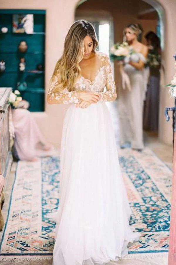 Wholesa A-line Long Sleeve Ivory Tulle See Through Backless Wedding Dresses