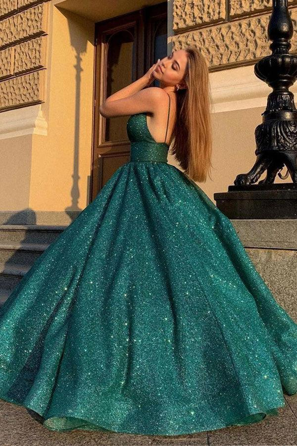 Wholesa A-line Shiny V Neck Green Prom Dresses Ball Gown Formal Dresses