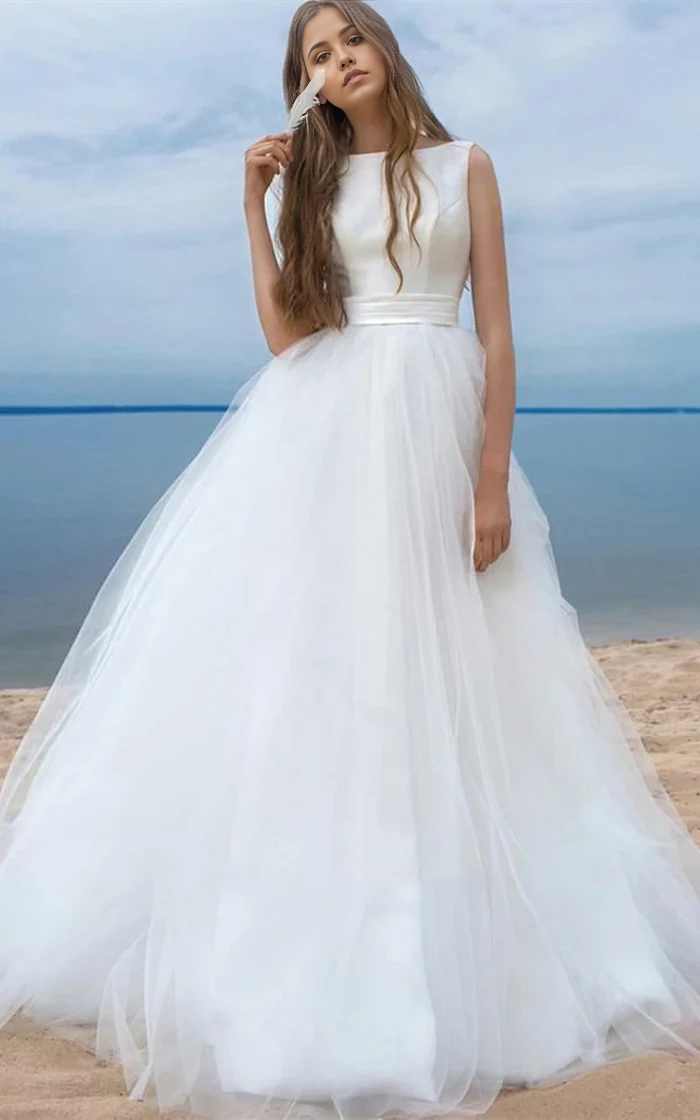 Wholesa A-line Simple Ball Gown Satin Tulle Bateau Sleeveless Wedding Dress With Bow and Ribbon