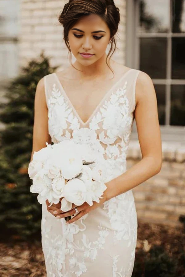 Wholesa Mermaid Bohemian Lace Deep V-neck Bridal Gown Wedding Dress